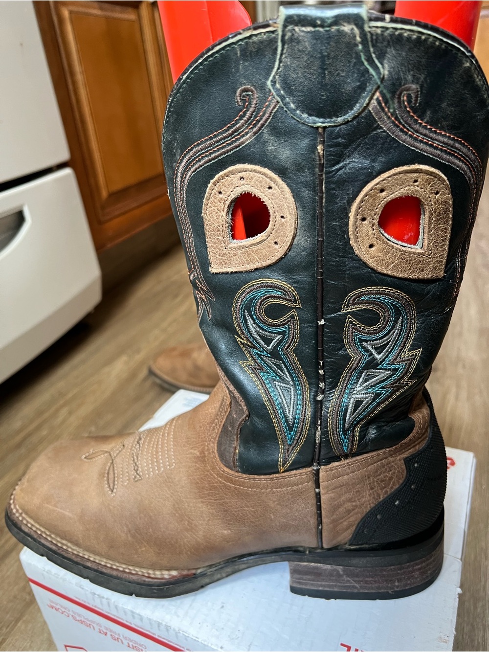 J.B. Dillon 8EE distress Tan leather Cowboy Boots with dark green,tan shaft,8EE